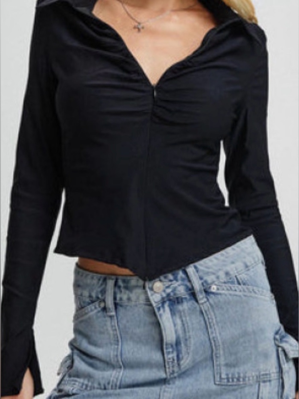 Princess Polly Black Ruched V-Neck Long Sleeve Top